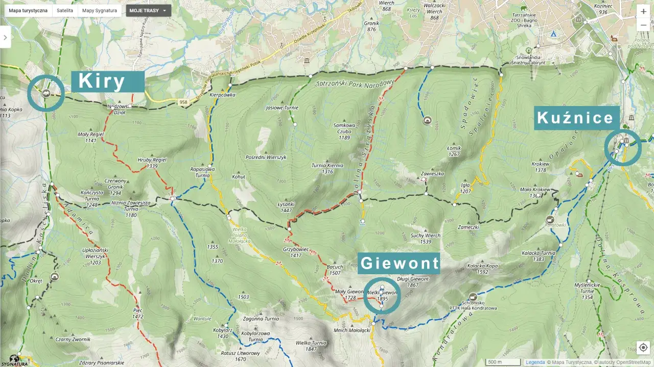 Mapa szlaków Tatr. Z Kir na Giewont przez Dolinę Strążyską lub Dolinę Kościeliską.