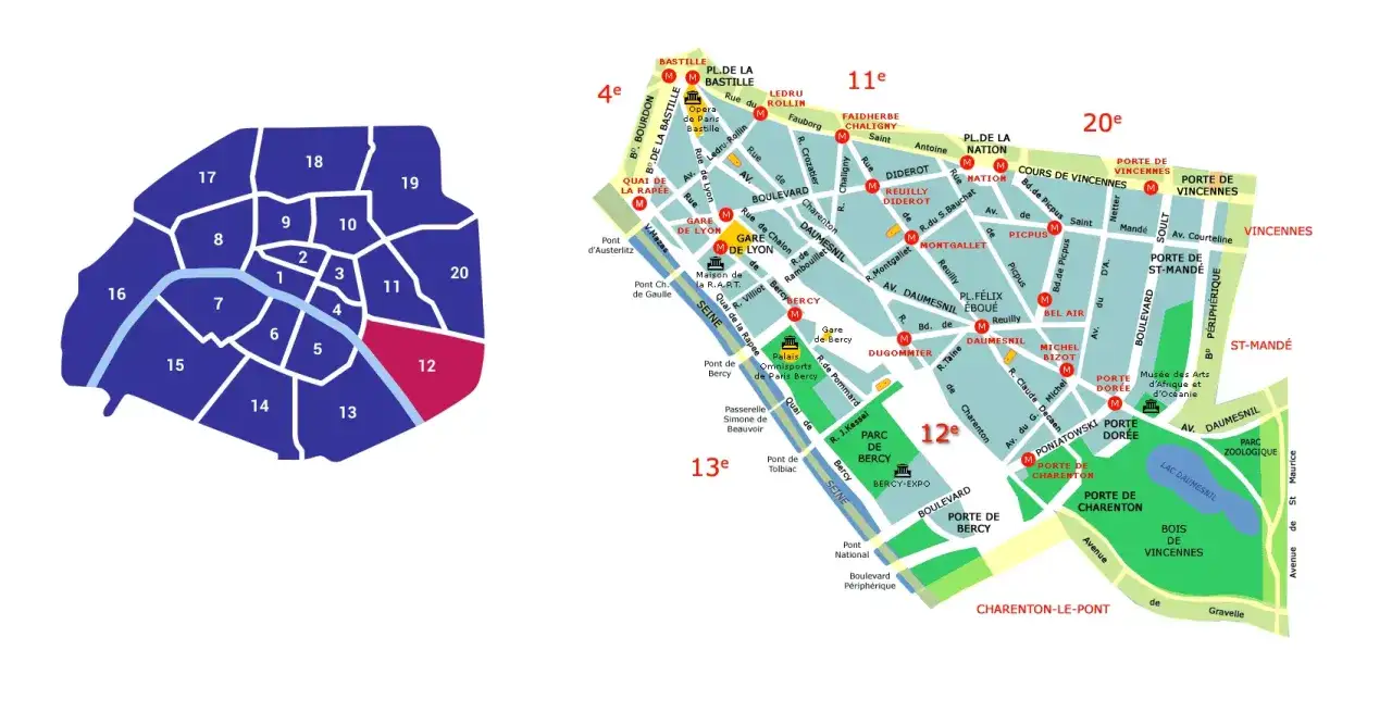 Mapa Paryża z zaznaczonymi dzielnicami. Dzielnica 12. jest wyr&oacute;żniona na czerwono, idealna na nocleg w Paryżu.
