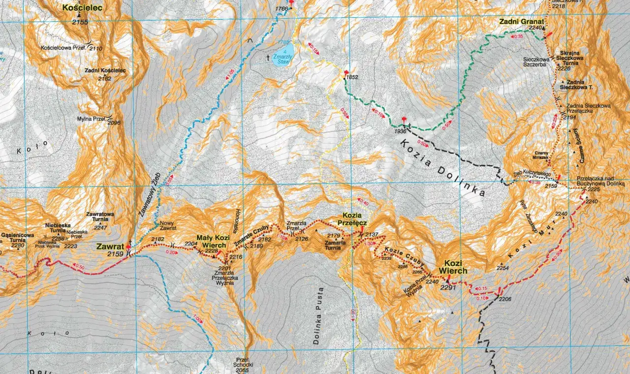 Mapa Tatr z zaznaczonymi szlakami. Widać Kościelec, Zawrat, Kozią Dolinkę i Kozi Wierch – to jedne z najciekawszych szlaków turystycznych w Tatrach.