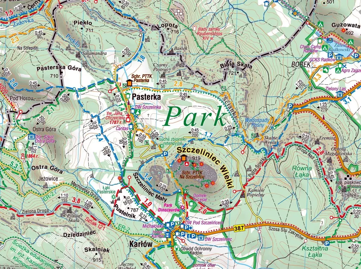 Mapa turystyczna Gór Stołowych. Znajdź nocleg w Karłowie, Pasterce lub na Szczelińcu Wielkim.