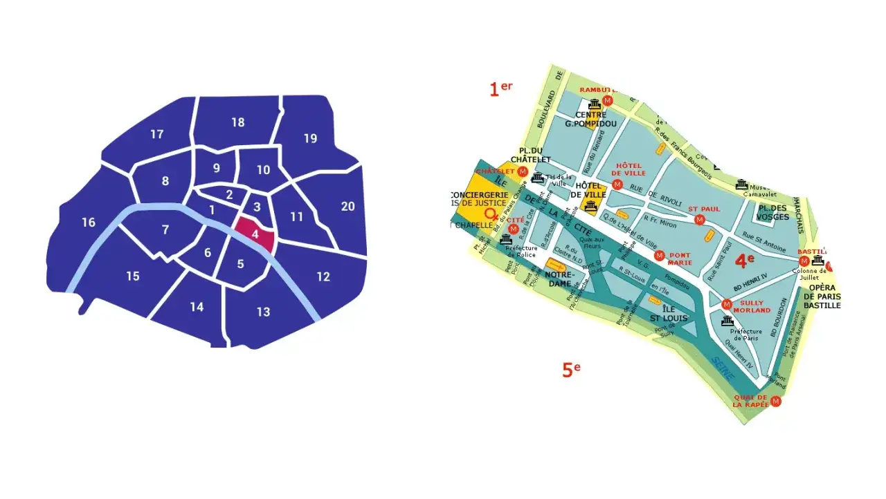 Mapa Paryża z zaznaczonymi dzielnicami. Plan centrum miasta z atrakcjami, idealny do planowania noclegu w Paryżu.