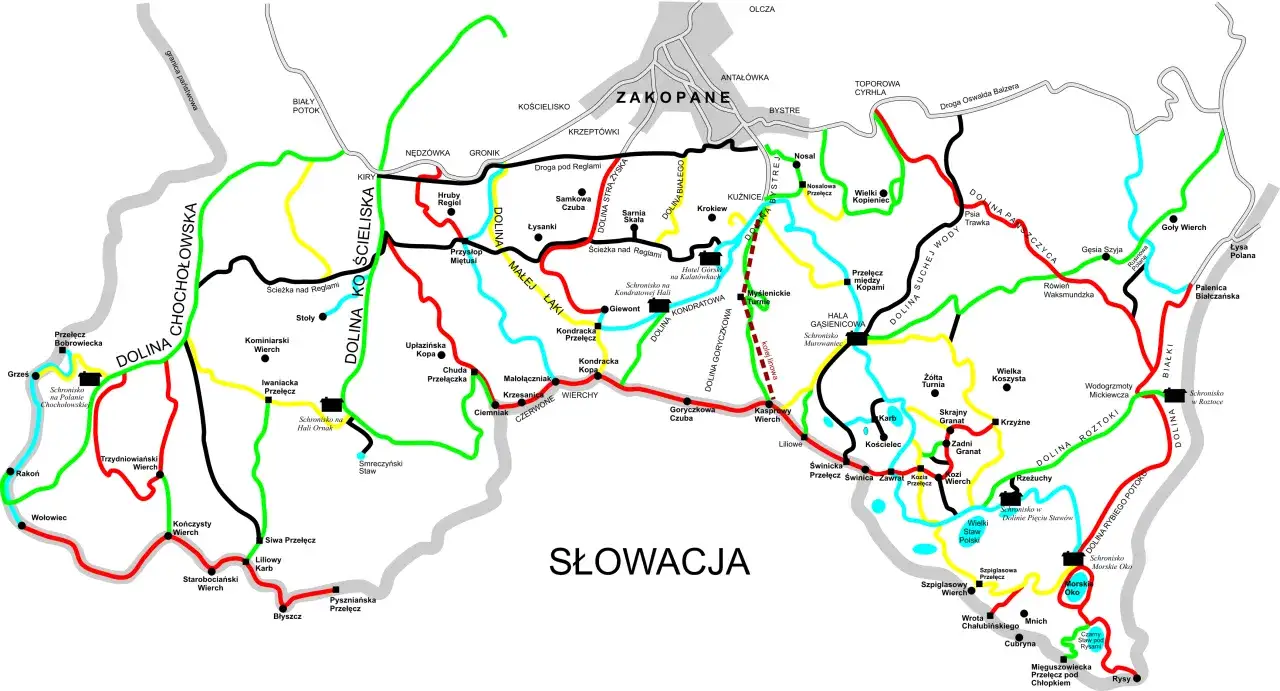 Mapa Tatr z zaznaczonymi szlakami turystycznymi. Kolory szlak&oacute;w wskazują, czy szlaki turystyczne są otwarte.