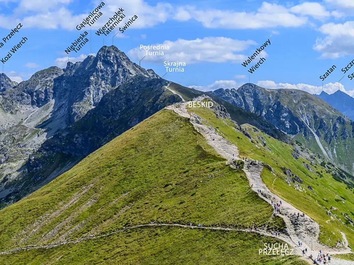 Widok na Tatry z grani, gdzie widać szlak turystyczny i szczyty takie jak Kasprowy Wierch. Wysokość gór robi wrażenie.