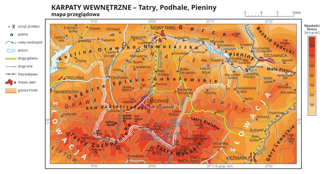 Mapa przedstawia Karpaty Wewnętrzne: Tatry, Podhale, Pieniny. To góry fałdowe, z wyraźnymi pasmami i dolinami, o zróżnicowanej wysokości.