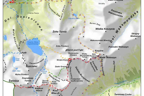 Mapa szlaków w Tatrach: Dolina Gąsienicowa, Czarny Staw, Kościelec, Świnica, Dolina Buczynowa, Wielka Koszysta.