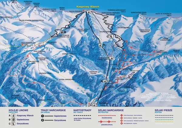 Mapa Tatr pokazuje szlaki na Kasprowy Wierch. Trasa z Kuźnic na Kasprowy Wierch ma ok. 4,5 km.