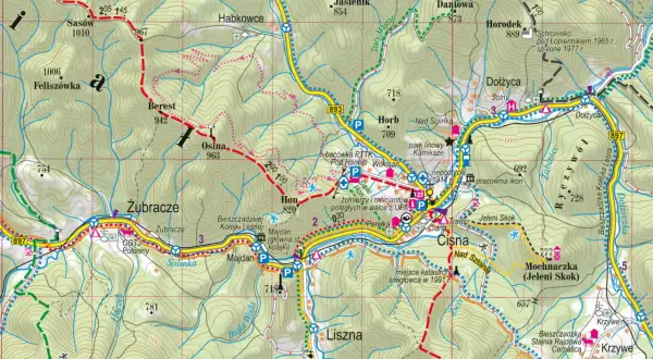 Fragment mapy Bieszczadów z zaznaczonymi miejscowościami: Solina, Cisna, Liszna. Widoczne szlaki turystyczne i drogi.