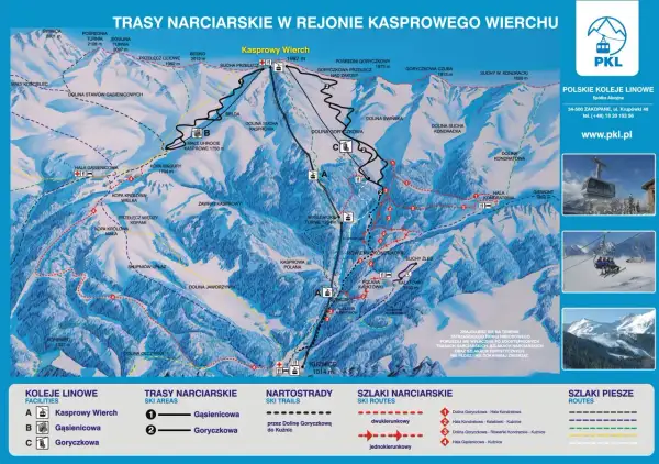 Mapa tras narciarskich w rejonie Kasprowego Wierchu. Pokazuje szlaki, koleje linowe i punkty orientacyjne.