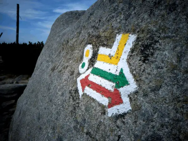 Kolor szlaku co oznacza? Na skale znak: czerwona strzałka w lewo, zielona w prawo, żółta w górę.